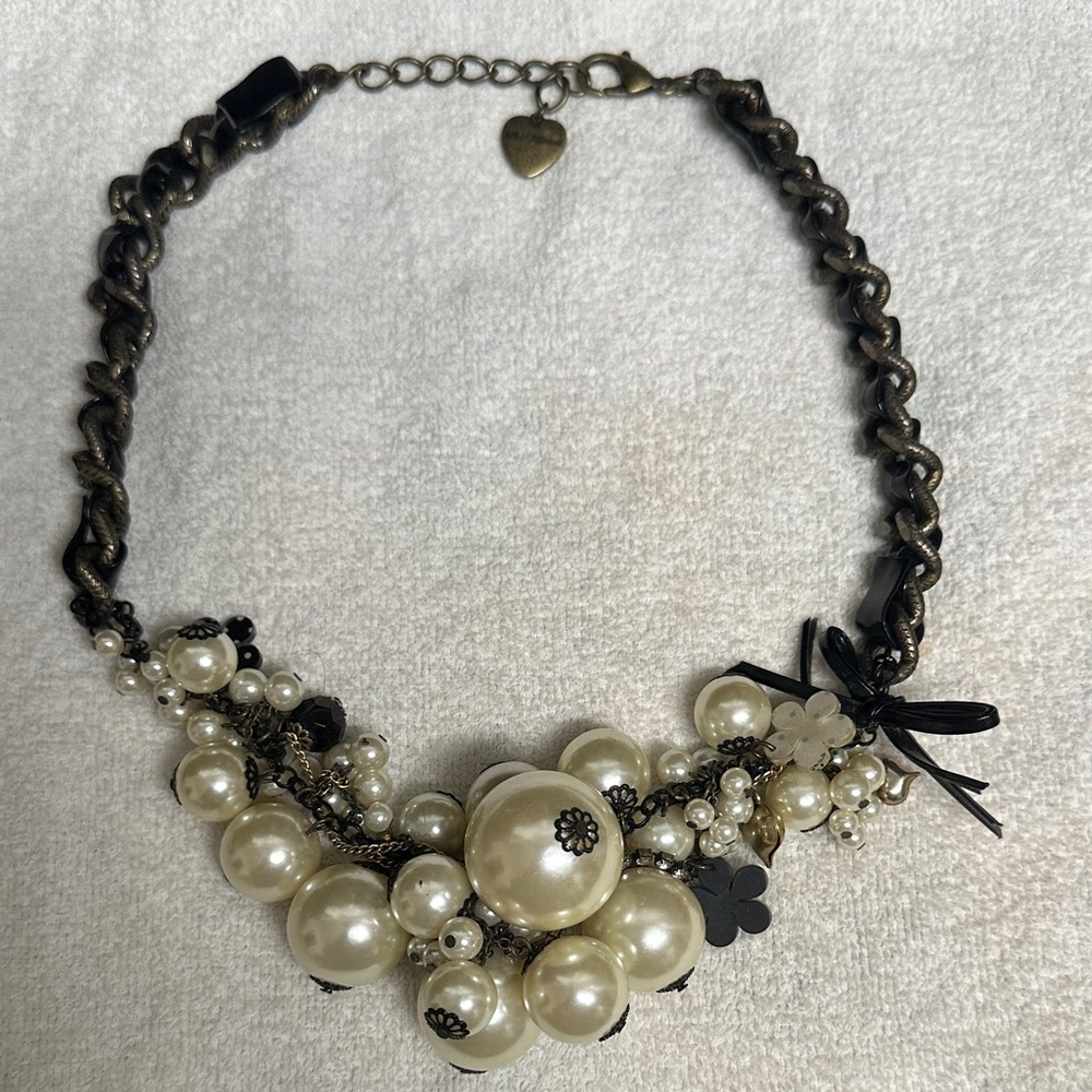 Betsey Johnson Pearl and Black Floral Necklace